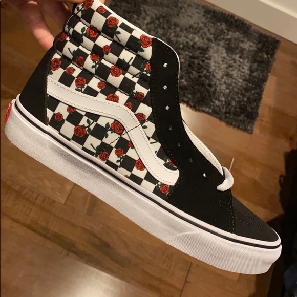 black floral checkerboard vans